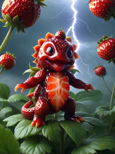 illustrious, Darling, kraken hatchlings, dancing on leaves and flower petals, with a lightning strike in the background made of ral-strawberryjam, intricate details, colorful, magical, realism, hyperrealistic,  <lora:ral-strawberryjam:1>