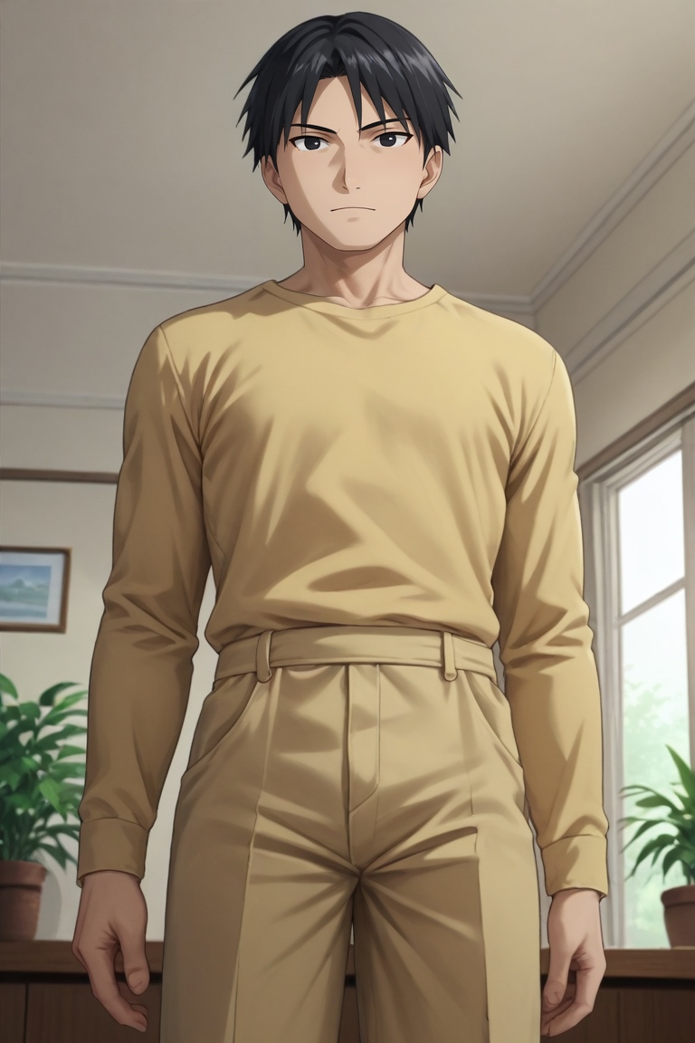 score_9, score_8_up, score_7_up, source_anime, rating_safe, , , looking at viewer, depth of field, 1boy, solo, male focus, <lora:roy_mustang_pony:0.74>, roy_mustang, black hair, black eyes, from below, living room, plant, dawn, villain pose, giggling, , <lora:sdxl_lightning_8step_lora:1>