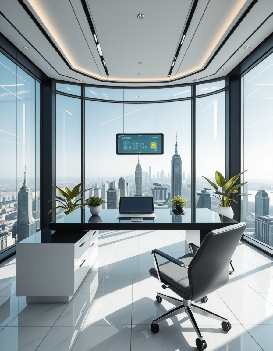 A modern, luxurious executive secretary's office located at the top floor of a futuristic skyscraper. The office has floor-to-ceiling glass walls offering a breathtaking panoramic view of a bustling metropolis under a clear blue sky. Inside, the design is ultra-minimalist and high-tech, with sleek white furniture, a glossy black desk with an integrated digital interface, and an ergonomic designer chair in matte gray leather. There are a few elegant green plants strategically placed for a touch of nature. A thin holographic screen hovers above the desk, displaying schedules and emails. The lighting is bright but soft, coming from recessed LED strips in the ceiling and natural sunlight pouring in. The atmosphere feels calm, professional, and cutting-edge, reflecting the spirit of a powerful tech company. In the background, a subtle artistic sculpture and a minimalist clock complete the decor.
<lora:SDXLFaeTastic2400:0.4> <lora:extremely_detailed:0.4> extremely detailed,secretary 0ff1c3, <lora:secretary_0ff1c3_r1-i:1>, Masterpiece,best quality,hi res,8k,hi res,8k,award winning,(sharp focus, intricate, highly detailed),