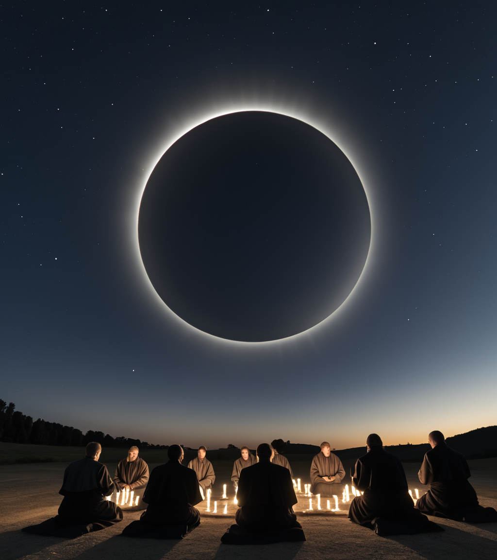 <lora:3cl1p53_02PN-000010:0.8>,(3cl1p53 style),a photograph of (3cl1p53 eclipse:1.2) (rising high in the sky above Stonehenge:1.2),surrounded by a (group of druids praying:1.4),surrounded by bright solar corona,high in the dark starry sky at night