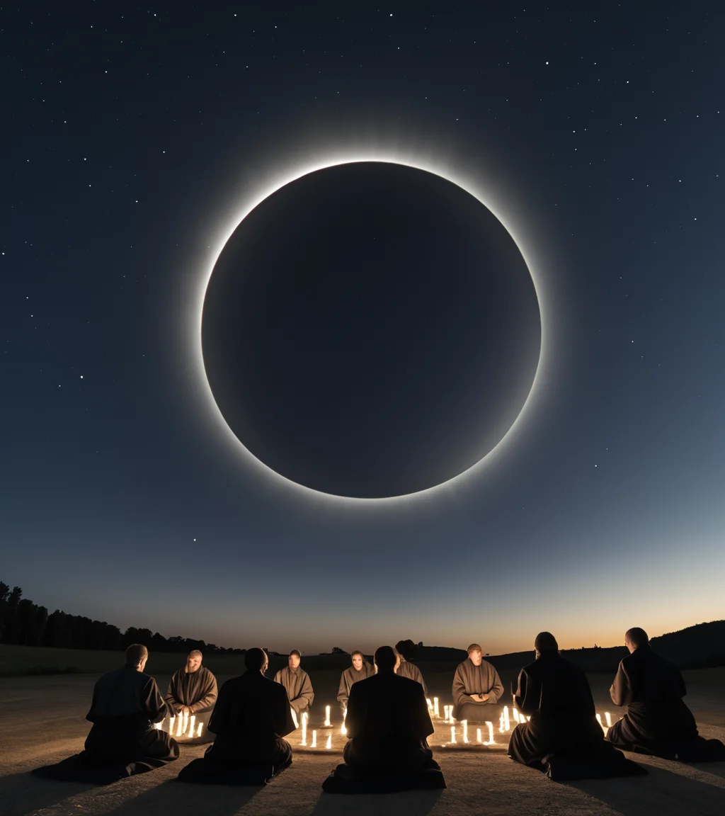 <lora:3cl1p53_02PN-000010:0.8>,(3cl1p53 style),a photograph of (3cl1p53 eclipse:1.2) (rising high in the sky above Stonehenge:1.2),surrounded by a (group of druids praying:1.4),surrounded by bright solar corona,high in the dark starry sky at night