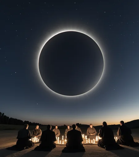 <lora:3cl1p53_02PN-000010:0.8>,(3cl1p53 style),a photograph of (3cl1p53 eclipse:1.2) (rising high in the sky above Stonehenge:1.2),surrounded by a (group of druids praying:1.4),surrounded by bright solar corona,high in the dark starry sky at night