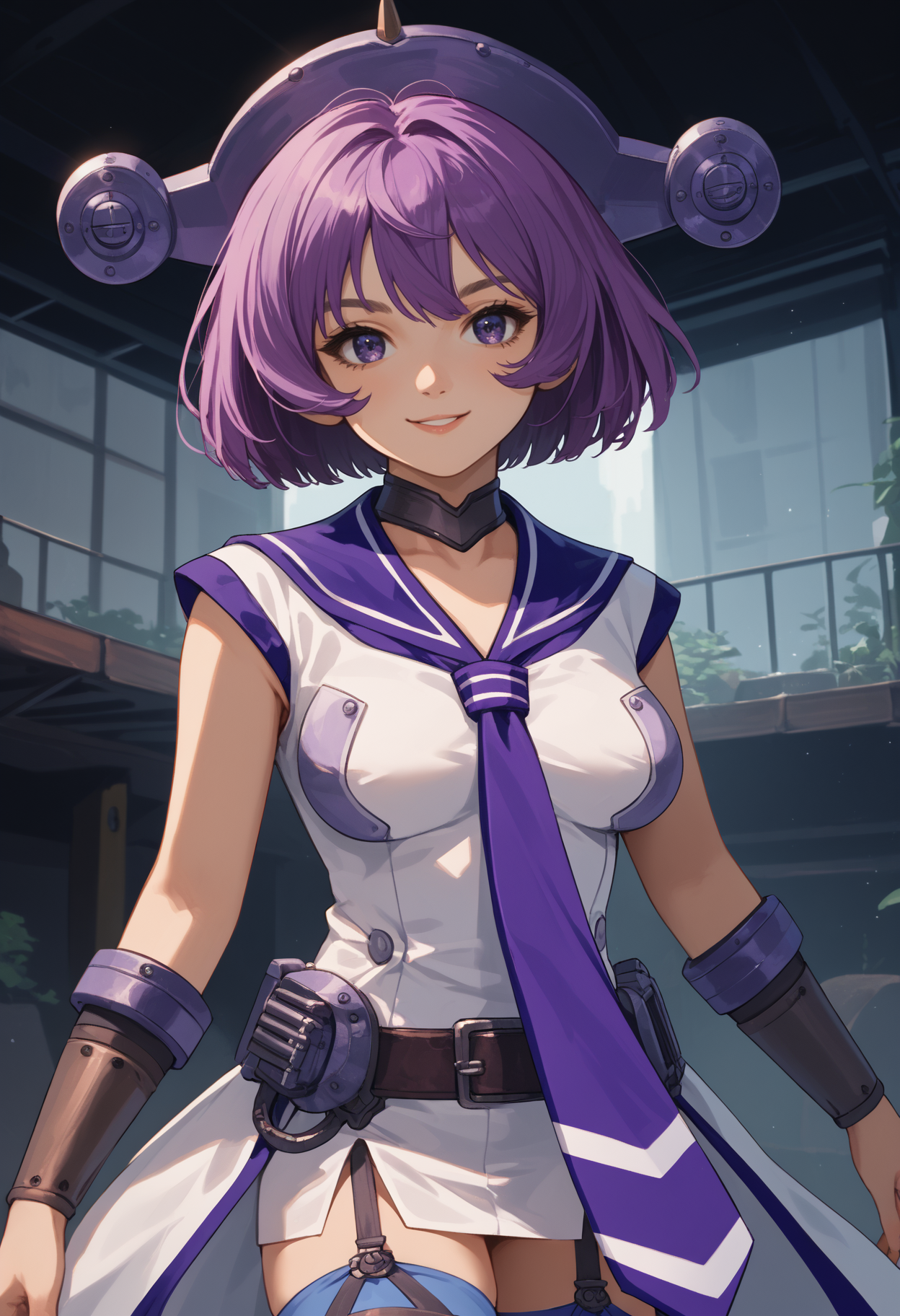 score_9, score_8_up, score_7_up, source_anime BREAK 1girl, solo, <lora:lexington-kc-richy-v1_pdxl:1> lgtn, purple eyes, purple hair, short hair, headgear, breasts, sailor collar, purple necktie, white dress, sleeveless, belt, blue thighhighs, garter straps, thighs, smile, looking at viewer, bracer