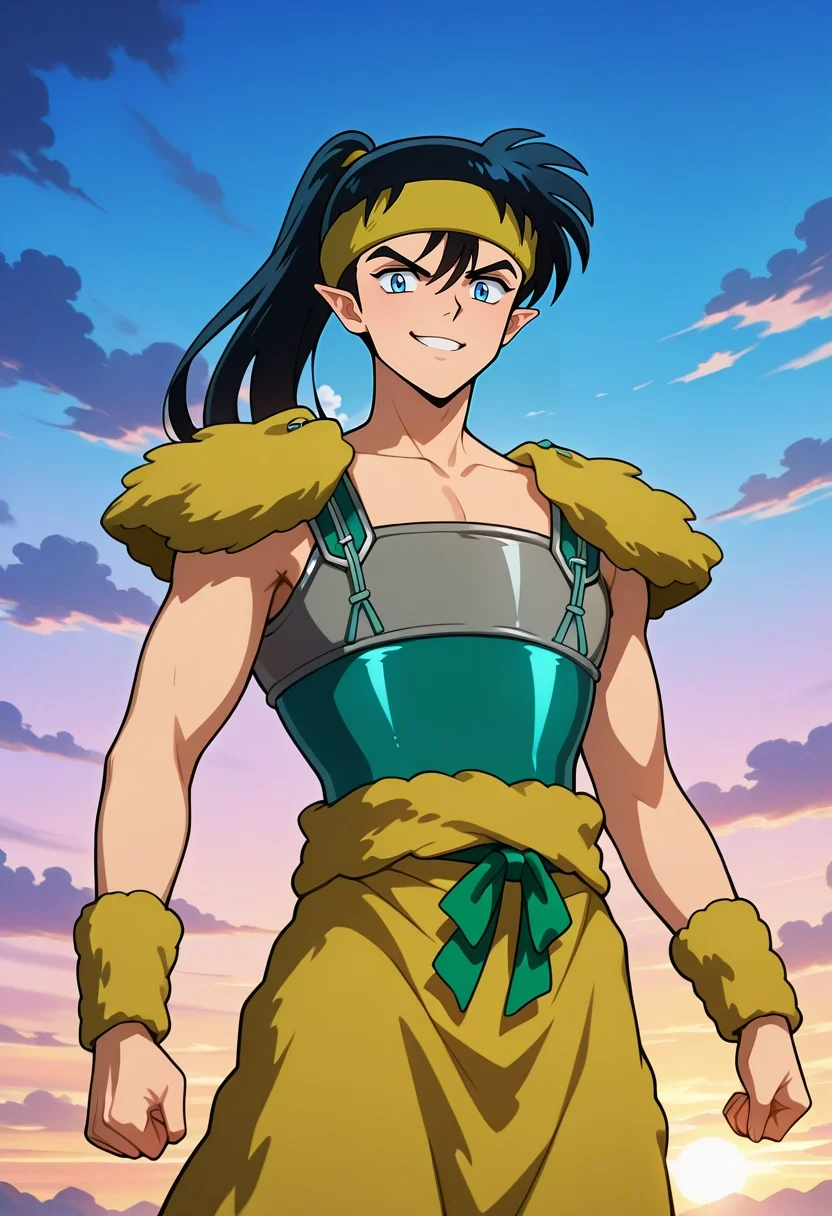 masterpiece, best quality, anime screencap, anime coloring, official style, looking at viewer, 1boy, solo, male focus, <lora:kouga_inuyasha_ilxl:0.92>, kouga_inuyasha, black hair, blue eyes, long hair, ponytail, pointy ears, headband, , floating bazaar, misty wares, glowing bridges, cloud-crafted goods, shopping pose, cheerful expression, sunrise breeze, swashbuckler costume, retro artstyle