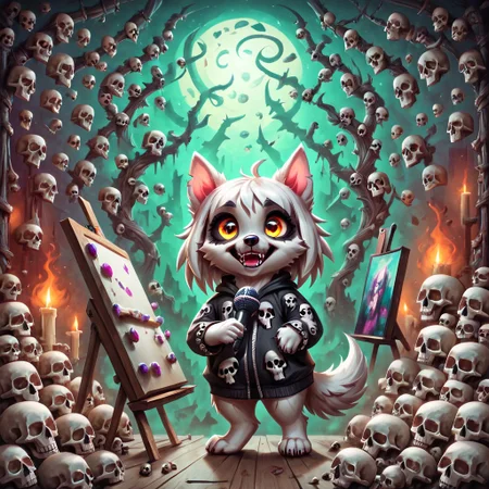 dog girl dressed in an elaborate collection of skulls covering her in a majestic way holding microphone, music studio, painting of cute skulls, pg safe