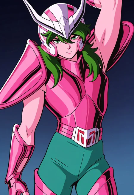 masterpiece, best quality, amazing quality, very aesthetic, absurdres, newest, ANDRSHUNV1, 1boy, slender figure, pink pauldrons, pink helmet with two prongs and silver accents, long wavy green hair, green eyes, pink sleeveless armor, pink vambraces, fingerless pink gloves, pink thighhigh greaves, green pants, pink belt, pink boots, chains, standing pose, serious, arm up,