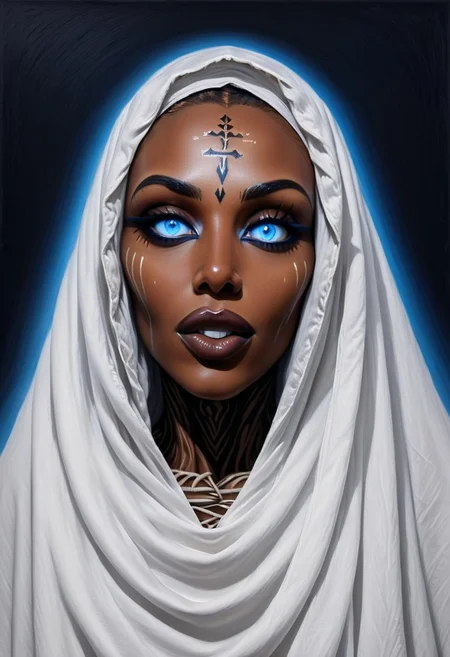 Masterpiece, detailed, realistic photo, night, African female, close-up, Sahel, Sahel desert campfire, African witch doctor, several white lines painted on face, fully_dressed, brown lips, gentle smile, 28 years old, Ultra detailed photo realistic background, realistic high detailed face, anatomic correct bodies, extremely realistic, lots of detail, strong, seductive, large breasts, dull_natural_skin, hands out of view or hidden, Gdark, bright blue eyes, glowing eyes.