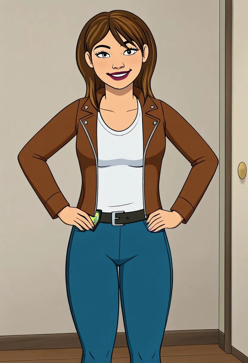 1girl, gina_cazador, solo, brown hair, makeup, brown jacket over a white shirt, blue pants, black shoes, badge attached to the belt, standing, looking at viewer, smiling, hands on hips