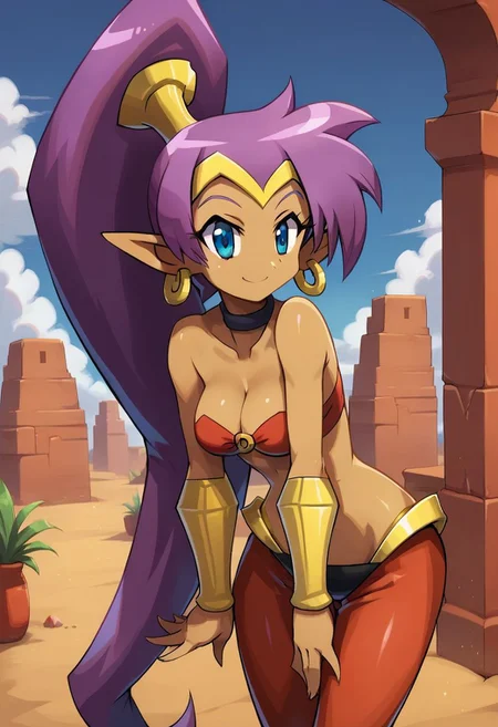 score_7_up, score_8_up, score_8, shantae, 1girl, solo, pointy ears, jewelry, earrings, dark skin, purple hair, blue eyes, (sh_eyes), long hair, dark-skinned female, navel, breasts, hoop earrings, very long hair, big hair, choker, pants, harem pants, ponytail, tiara, bandeau, midriff, medium breasts, cleavage, bracer, bare shoulders, (background, desert, outdoors), bending over, looking at viewer, smiling