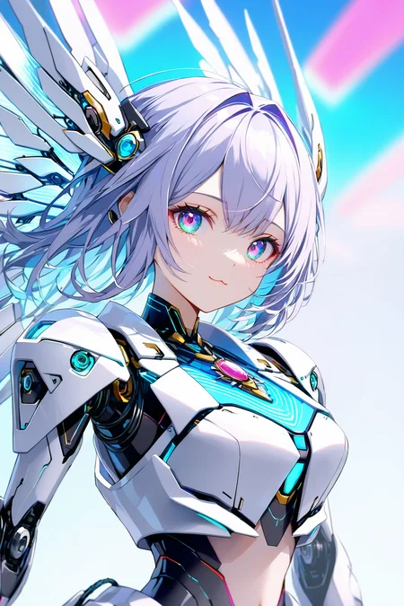 Jed-rbt, seraph, 1girl, cinematic angle, :3, looking at viewer, scifi hair ornaments, energy hair, brooch, mechanical wings, screws, cables, led lights, glowing, Futuristic, chromatic aberration, Kawaii, [(blue-white background:1.2)::0.2], (neon luminescence background:1.2), illustration, incredibly absurdres, ultra detailed, masterpiece, best quality,[<lora:detailed_notrigger:0.95>::0.5], [:<lora:detailed_hands:1.05>:0.5],<lora:RoboStyle:1>