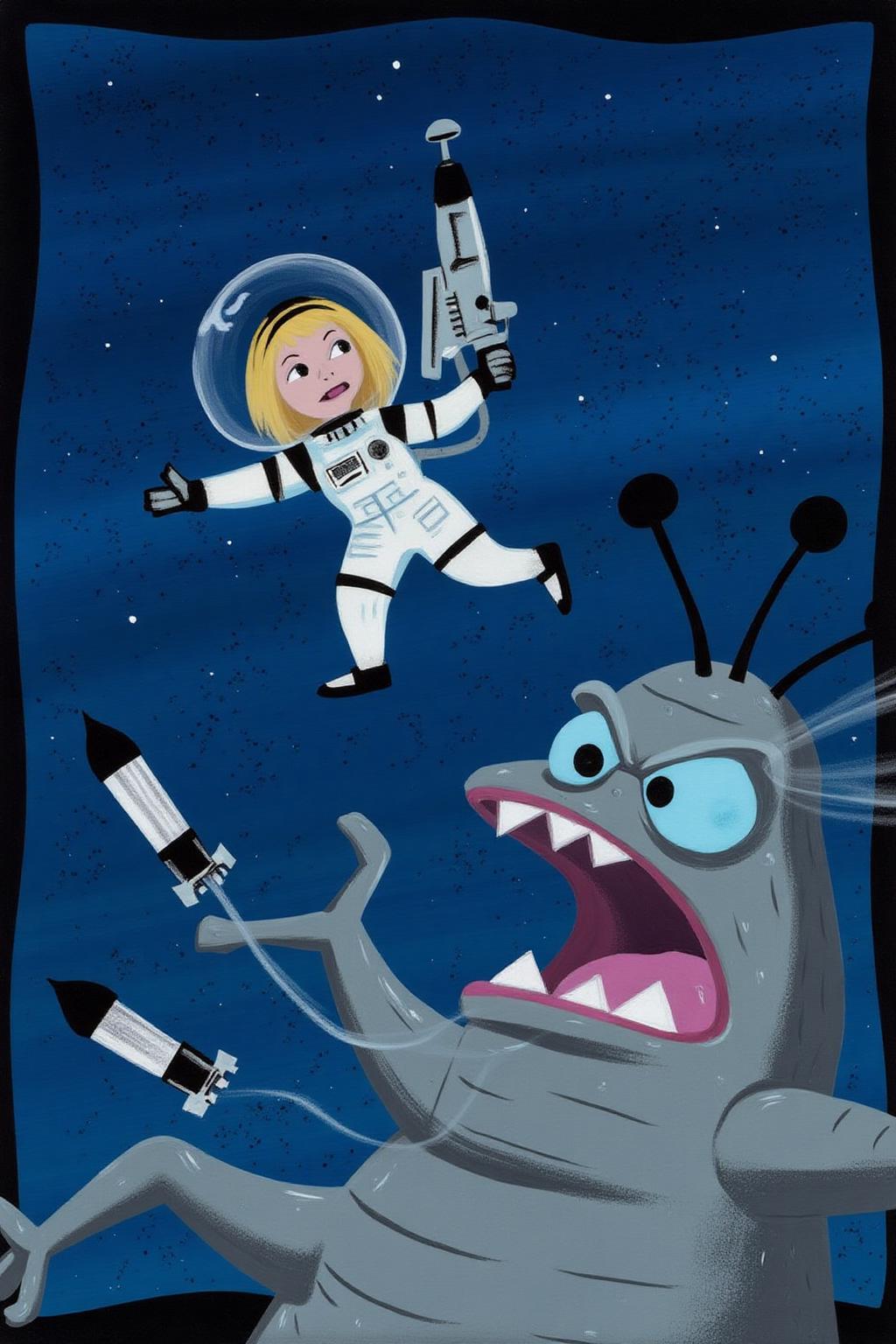 maryblair2 illlustration.
The image depicts a cartoon-style scene with a space-themed background. A female astronaut is shown mid-flight, wearing a white spacesuit with black accents and a helmet. She is holding a futuristic weapon, and her expression is one of determination. The background is a deep blue with scattered stars, giving the impression of outer space. In the foreground, there is a large, grey, mechanical creature with a menacing expression. It has a wide-open mouth, a prominent blue eye, and two antennae on its head. The creature appears to be attacking or confronting the astronaut. Additionally, there are two black and white darts or projectiles in the lower left corner, which seem to be part of the scene's action. The overall style of the image is whimsical and cartoonish, with exaggerated features and vibrant colors. The scene suggests a dynamic and action-packed moment, likely from a story or animation. 
 <lora:maryblair3_cap_d6a3e9:1.0><lora:855890588262745034:0>