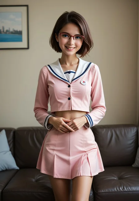 safe_pos, score_9,score_8_up,score_7_up,best quality, 4k, rating_safe, very aesthetic, 1girl, kousaka chinaBB, short hair, pink dress, pink skirt, long sleeves, white sailor collar, hand on stomach, seductive smile, on sofa, solo focus, abdomen, peeping, realistic, photorealistic, photograph, photography, cinematic, highly detailed, y0uthful, stvmccrr style, Freckles