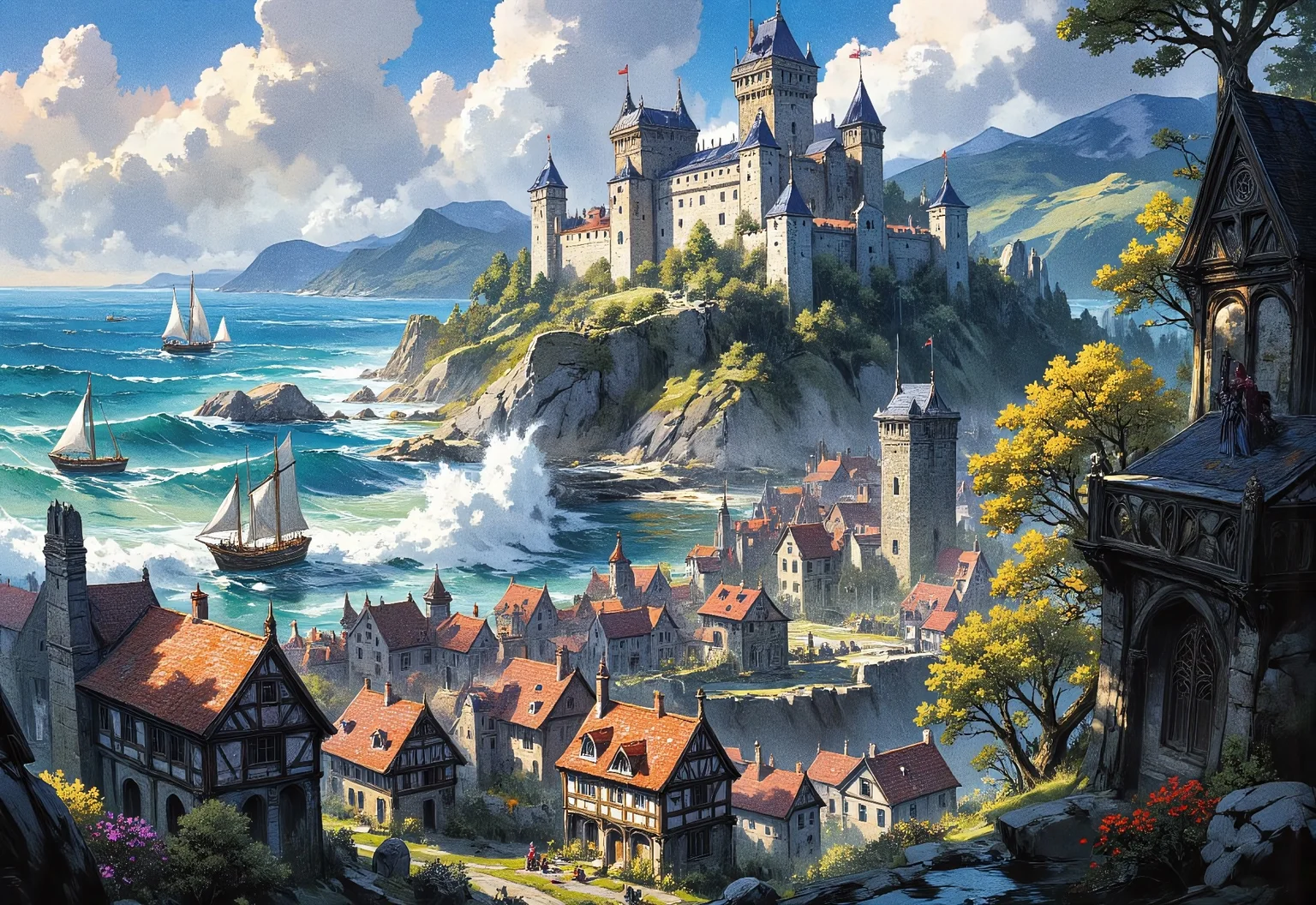 masterpiece, amazing quality, best quality, ultra-detailed, 8K, illustration, newest, absurdres, volumetric light, good quality, best quality, scenery, (dappled sunlight:1.2), rim light, backlit, dramatic shadow, ultra 8k cg, picture-perfect face, flawless, clean, professional artwork, cinematic lighting, cinematic bloom, hut background, early medieval background, humans on background, mw01out, painted world, Painterly, painting, no humans,
Fantasy medieval landscape inspired by Brittany, depicting rugged coastlines battered by powerful ocean waves, fortified stone castles overlooking stormy seas, mystical Celtic forests shrouded in mist, and ancient standing stones illuminated by ethereal moonlight. Towns feature distinctive half-timbered houses, vibrant harbors filled with medieval ships, and banners adorned with Celtic knotwork. Knights and druids navigate the scenery, enhancing an atmosphere rich in Celtic legends. Rendered in the evocative, painterly style characteristic of Guild Wars 2 concept art, with dramatic lighting, moody color palettes, dynamic brushwork, and cinematic composition. High-quality digital illustration, epic and immersive.