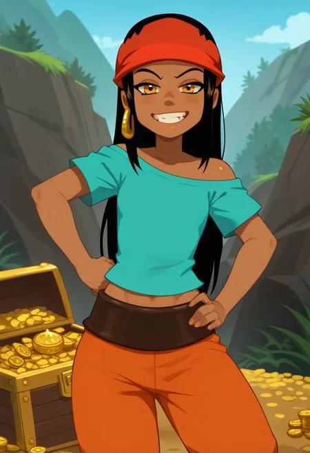 score_9, score_8_up, score_7_up, score_6_up, score_5_up, score_4_up,show accurate, perfect anatomy, perfect hands, five fingers, solo,1girl,20_years_old,
dark tanned skin, amber eyes. long black hair, aqua shirt that exposes shoulders and her midriff, orange harem pants, red bandana, golden earring, holding a sword, standing, one foot on  treasure chest,one hand on hip,smug,tiny _breast,