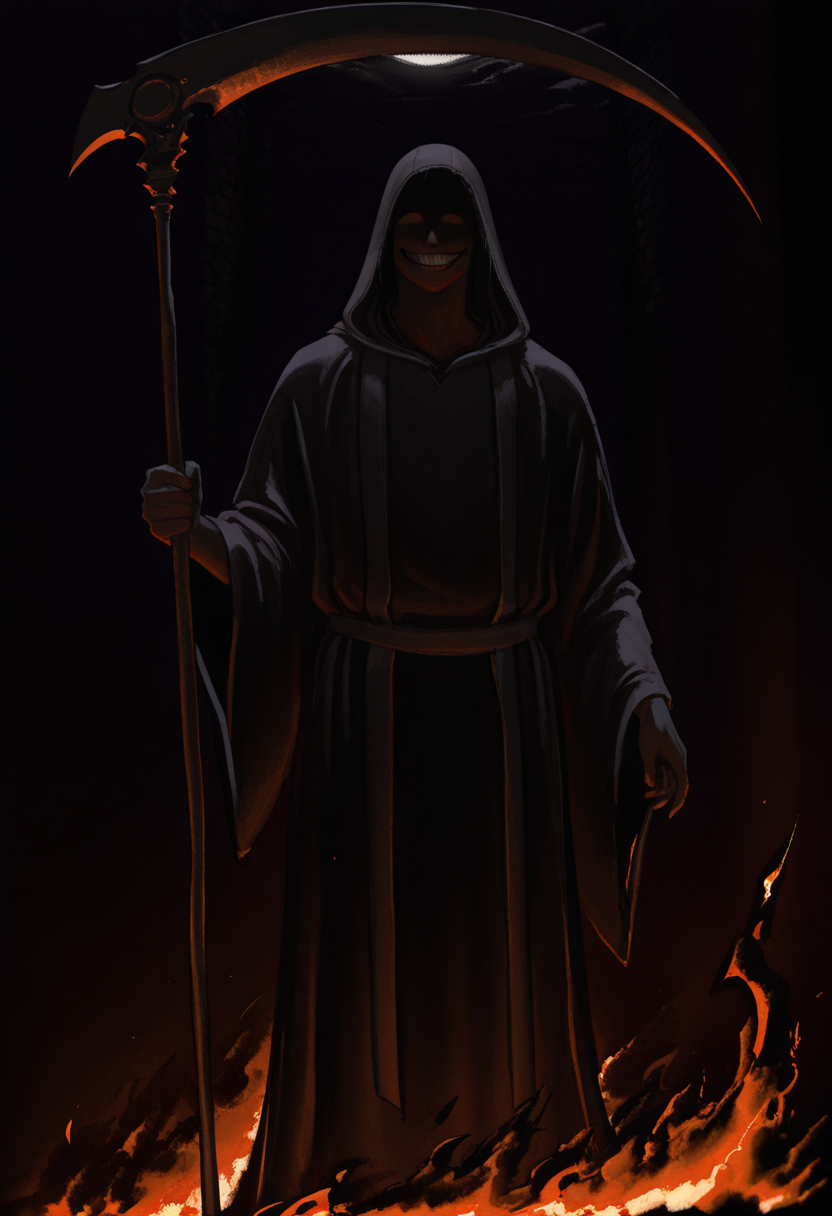 very aestetic, pt1chn1k, solo, 1other, faceless, grin, scythe, grim reaper, hood, robe, night, fire, dark, holding, weapon,