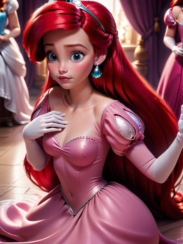 score_9, score_8_up, score_7_up, princess dress, ariel, Ariel from the animated movie Ariel kneeling on the floor with a thoughtful expression, 1girl, long hair, breasts, looking at viewer, blush, blue eyes, jewelry, sitting, closed mouth, red hair, earrings, solo focus, indoors, white gloves, lips, eyelashes, covered navel, tiara, pink dress, hand on own chest,   
 <lora:princess_rc_pony_v2:1>