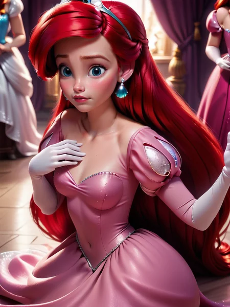 score_9, score_8_up, score_7_up, princess dress, ariel, Ariel from the animated movie Ariel kneeling on the floor with a thoughtful expression, 1girl, long hair, breasts, looking at viewer, blush, blue eyes, jewelry, sitting, closed mouth, red hair, earrings, solo focus, indoors, white gloves, lips, eyelashes, covered navel, tiara, pink dress, hand on own chest,   
 <lora:princess_rc_pony_v2:1>