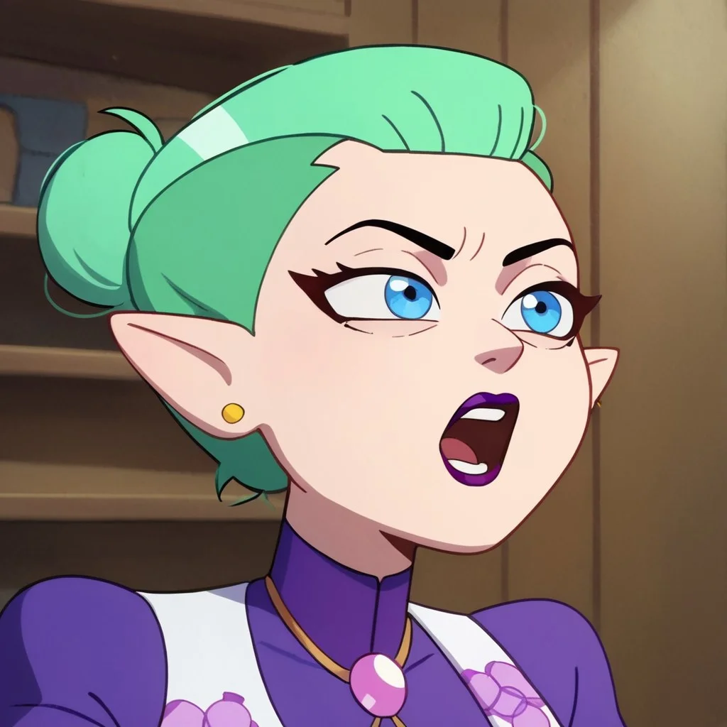 <lora:Odalia_Blight:0.8>, short hair, open mouth, blue eyes, jewelry, upper body, earrings, mint green hair, pointy ears, hair bun, makeup, lipstick, stud earrings, bolo tie, white vest, purple shirt, gold earrings, purple lipstick, single hair bun, sitting,, score_9, score_8_up, score_7_up, cute,