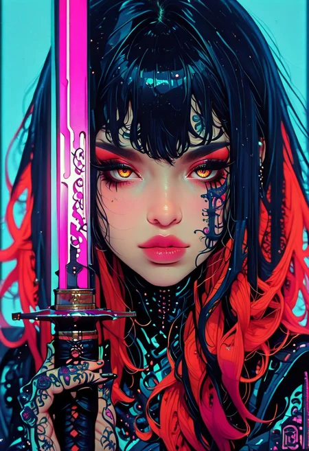 masterpiece, best quality, good quality, very aesthetic, absurdres, newest, 8K, depth of field, focused subject, medium close up, stylized, japanese art style, wabi-sabi, 1girl, henna and carmine, neon, sexy, erotic japanese female warrior, holding katana, dramatic pose