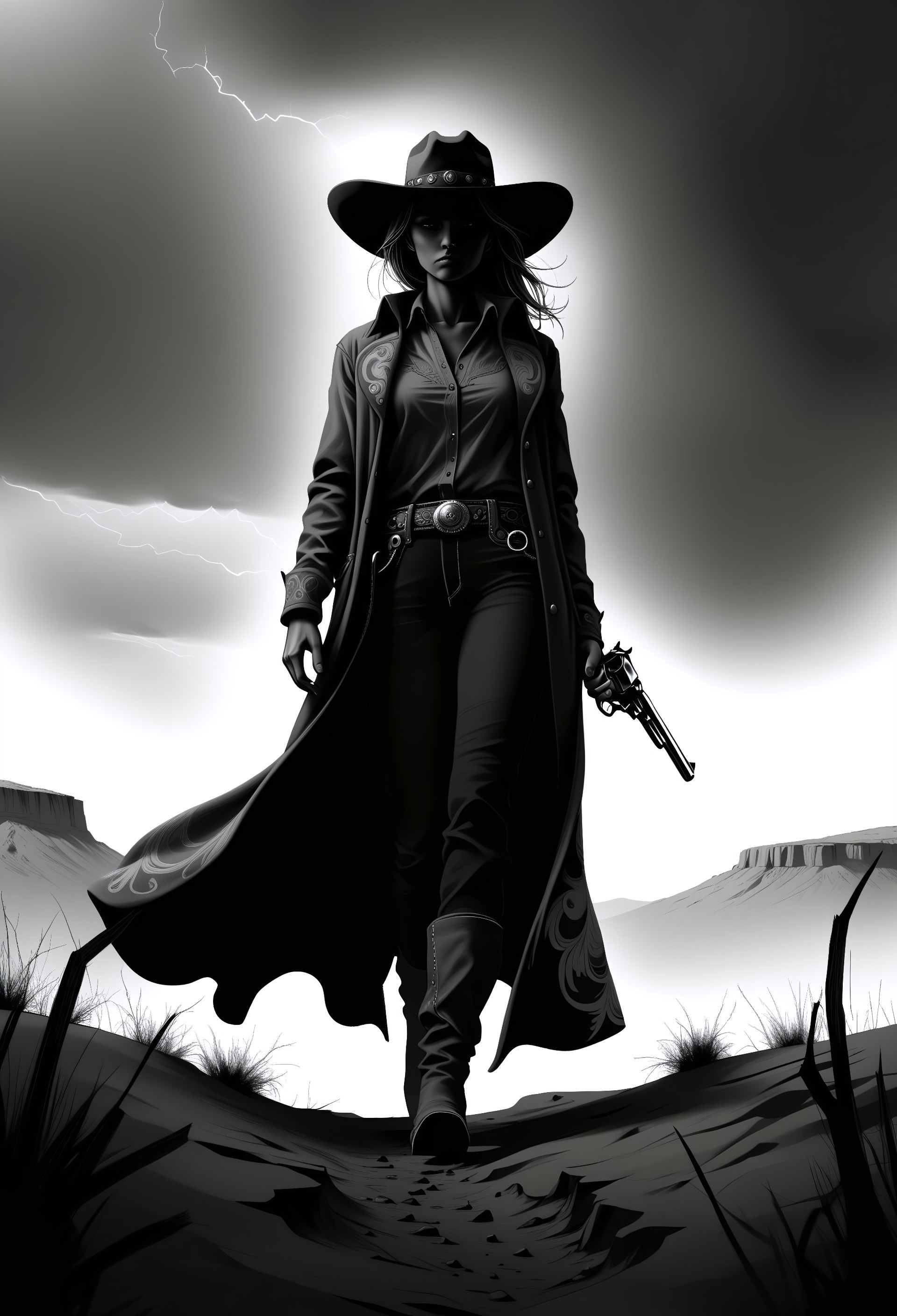 Monochromatic silhouette of a female cowboy, dramatic western style.  lone figure, confidently walking, holding a pair of revolvers.  Deep black silhouette against a stark white background with subtle gray splatters, wide-brimmed cowboy hat, a long, flowing coat, classic western attire, prominent belt.  Expression is stoic and determined, exuding a sense of quiet strength and confidence. strong and capable figure illustrative, resembling hand-drawn black and white graphic novel art.  Atmospheric mood, somber and slightly dramatic, conveying the atmosphere of a lone cowboy in the wilderness.   stark contrast, swm29, revolver