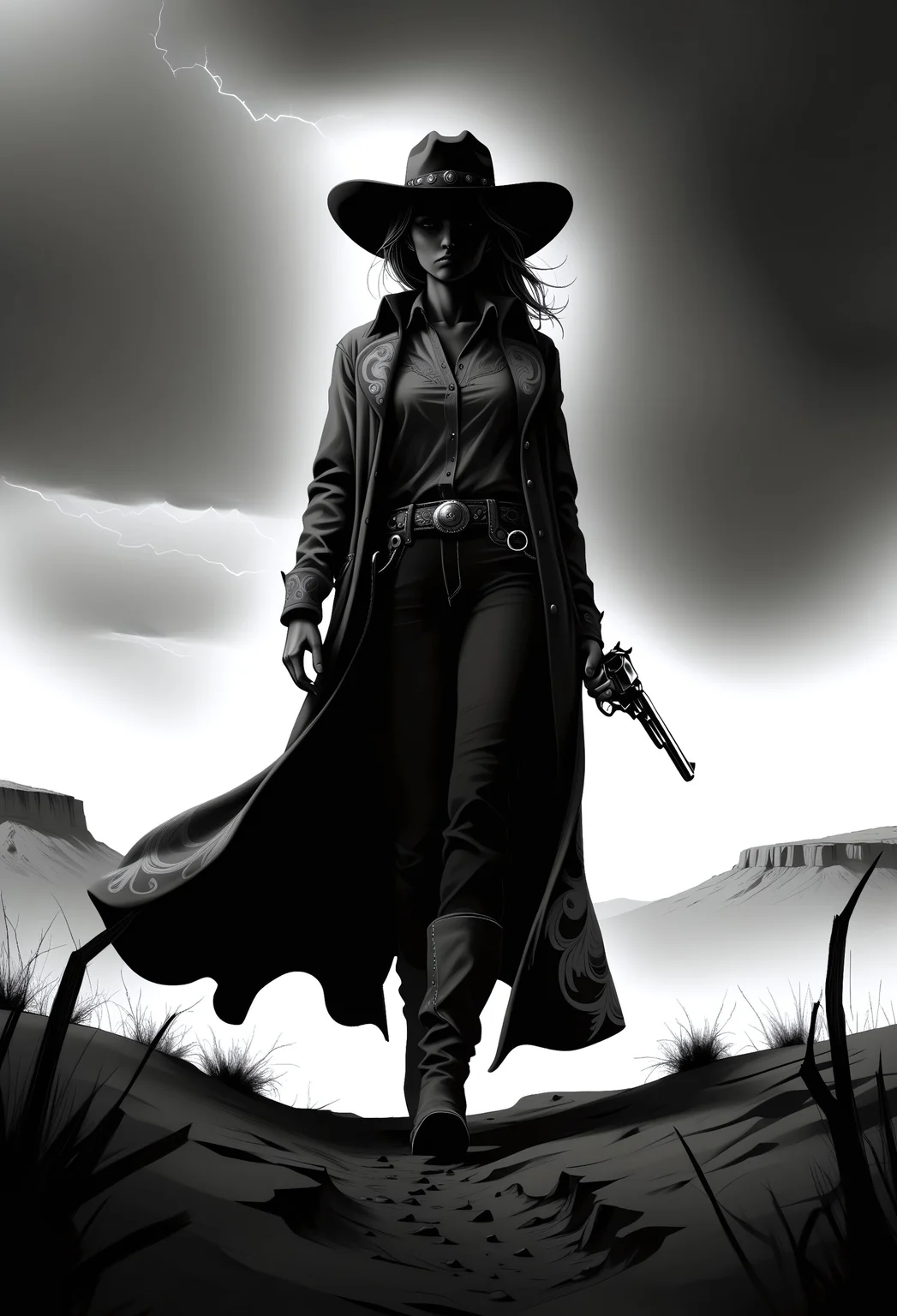 Monochromatic silhouette of a female cowboy, dramatic western style. lone figure, confidently walking, holding a pair of revolvers. Deep black silhouette against a stark white background with subtle gray splatters, wide-brimmed cowboy hat, a long, flowing coat, classic western attire, prominent belt. Expression is stoic and determined, exuding a sense of quiet strength and confidence. strong and capable figure illustrative, resembling hand-drawn black and white graphic novel art. Atmospheric mood, somber and slightly dramatic, conveying the atmosphere of a lone cowboy in the wilderness. stark contrast, swm29, revolver