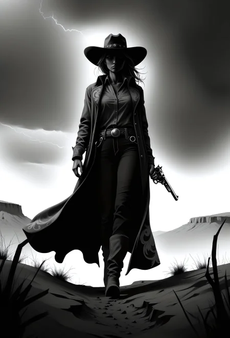 Monochromatic silhouette of a female cowboy, dramatic western style. lone figure, confidently walking, holding a pair of revolvers. Deep black silhouette against a stark white background with subtle gray splatters, wide-brimmed cowboy hat, a long, flowing coat, classic western attire, prominent belt. Expression is stoic and determined, exuding a sense of quiet strength and confidence. strong and capable figure illustrative, resembling hand-drawn black and white graphic novel art. Atmospheric mood, somber and slightly dramatic, conveying the atmosphere of a lone cowboy in the wilderness. stark contrast, swm29, revolver