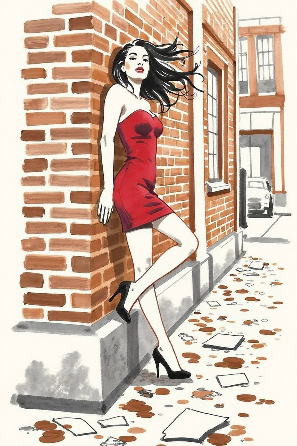 watercolor illustration.
A woman leaning against a brick wall, set in an urban environment. She has long black hair flowing loosely and wears a short, strapless red dress that clings to her figure, emphasizing a sense of motion and sensuality. Her pose is dramatic, with her arms stretched against the wall and her head tilted slightly back, exuding a sense of vulnerability and allure. She is wearing black high-heeled shoes, and the ground below features scattered papers and debris, adding a gritty urban atmosphere. The brick wall and stone base provide a textured backdrop with warm tones, contrasting with the bold red of her dress. <lora:minink1_cap_d6a3e12:1.0><lora:825125816993237967:0>