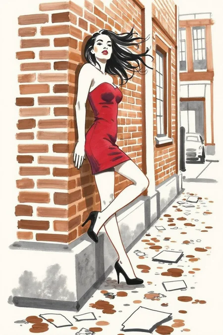 watercolor illustration.
A woman leaning against a brick wall, set in an urban environment. She has long black hair flowing loosely and wears a short, strapless red dress that clings to her figure, emphasizing a sense of motion and sensuality. Her pose is dramatic, with her arms stretched against the wall and her head tilted slightly back, exuding a sense of vulnerability and allure. She is wearing black high-heeled shoes, and the ground below features scattered papers and debris, adding a gritty urban atmosphere. The brick wall and stone base provide a textured backdrop with warm tones, contrasting with the bold red of her dress. <lora:minink1_cap_d6a3e12:1.0><lora:825125816993237967:0>