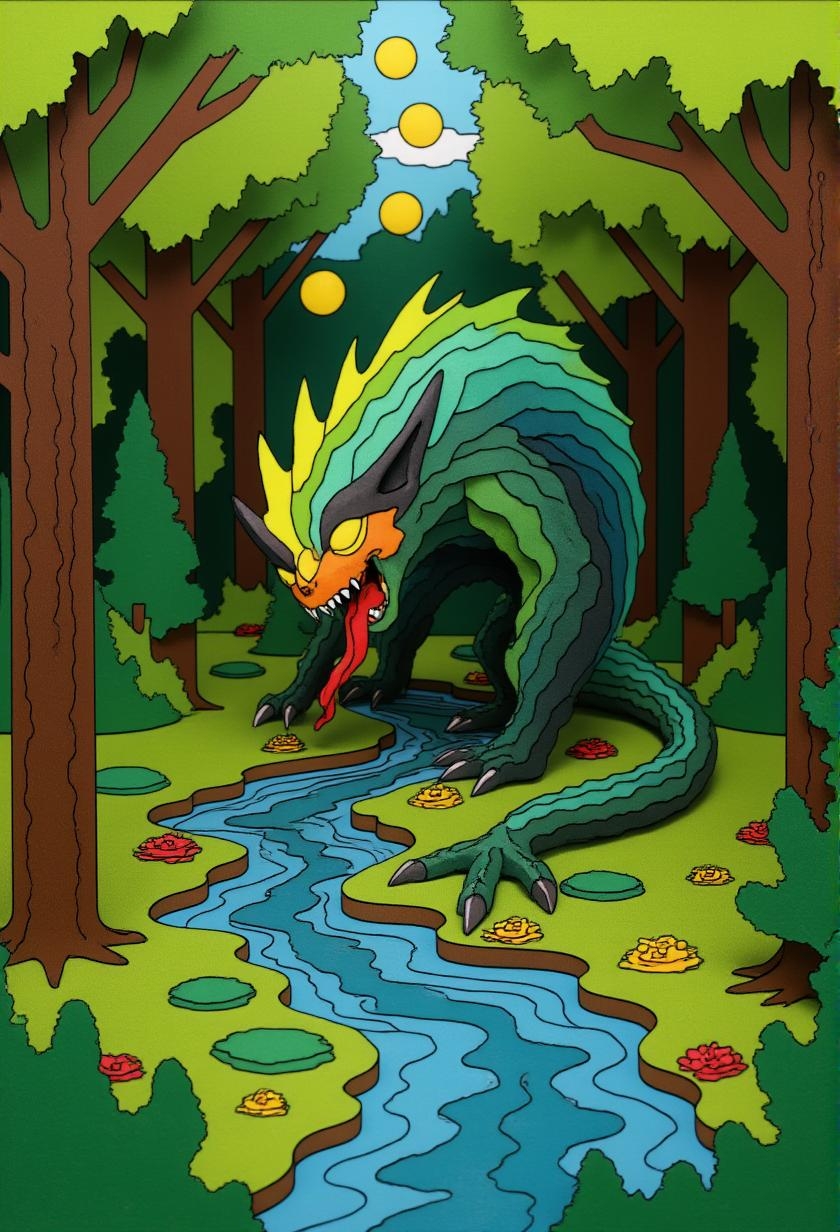 <lora:vintage-activision-flux1-dev-v1-000082.safetensors:1> a game cover of a rainbow-colored scene with shifting gradient dominates the scene. the overall effect is one of vibrant, unsettling energy.
In the heart of a whimsical papercraft forest, a fantastical creature emerges from a shimmering, blue stream. Crafted with layers of vibrant green and teal paper, the creature's form is both ethereal and unsettling. Its slouched figure is adorned with intricate cutouts of dark, rough scales, each piece meticulously folded and attached to create a texture that dances with light and shadow. Long, muscular limbs are outlined in sharp, clean edges, with elongated claws cut from glossy black paper, poised as if ready to strike. The creature's face is a symphony of red and yellow, with sharp, jagged teeth and a long, bony tongue that curls up towards its snarling mouth, crafted from delicate red crepe paper.
The forest around it is a tapestry of layered green and brown paper, with tall trees whose branches reach upwards, their leaves crafted from tiny, cut-out pieces of bright yellow and red. The ground is a mosaic of small, green paper stones, dotted with patches of moss cut from soft, textured green paper. Faint, otherworldly yellow spheres, made from translucent paper, hover in the misty air, their light casting gentle shadows that add depth and mystery to the scene. The stream, a ribbon of shimmering blue paper, ripples with tiny, cut-out waves that glitter in the light. The entire composition is a harmonious blend of geometric precision and decorative flair, inviting the viewer into a world where the boundary between the real and the fantastical is beautifully blurred.