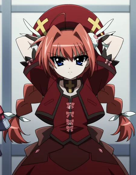 score_9, score_8_up, score_7_up, source_anime, <lora:vita-movie2-ponyxl-lora-nochekaiser:1>, vita, blue eyes, braid, ahoge, red hair, twin braids, rabbit hair ornament,, gloves, hat, dress, weapon, open clothes, open jacket, magical girl, red dress, cropped jacket, hammer,, hospital room, bedside, get well flowers, comforting, quiet, , looking at viewer, hands behind head,, solo,, dutch angle,