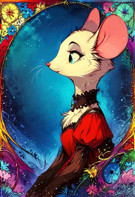 score_9, score_8_up, score_8, (solo:1.5), (fluffy:0.8), (feral:1.5), furry, (((mouse))), female, claws, (fluffy cheeks:0.5), (dress), j_cartoon, cute, (head focus, side view, portrait:1.5), (art nouveau:1.2), fca style, colorful at the beach