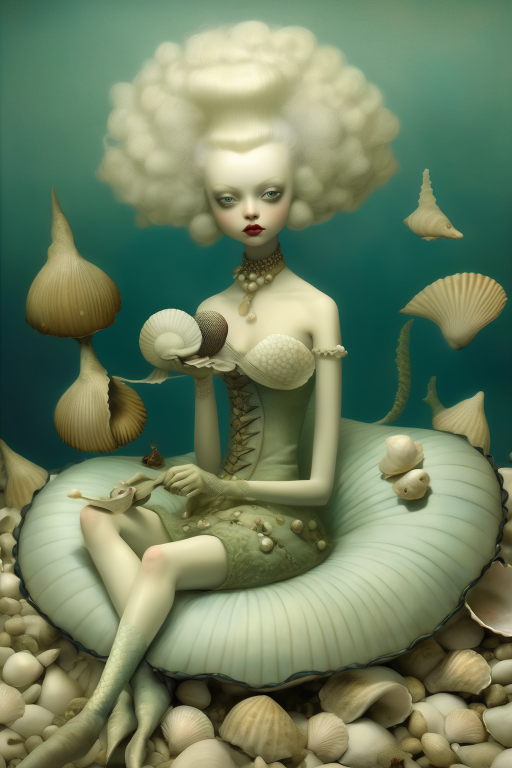 <lora:Ray Caesar Style:1>Ray Caesar Style - A mermaid lounging on a bed of seashells