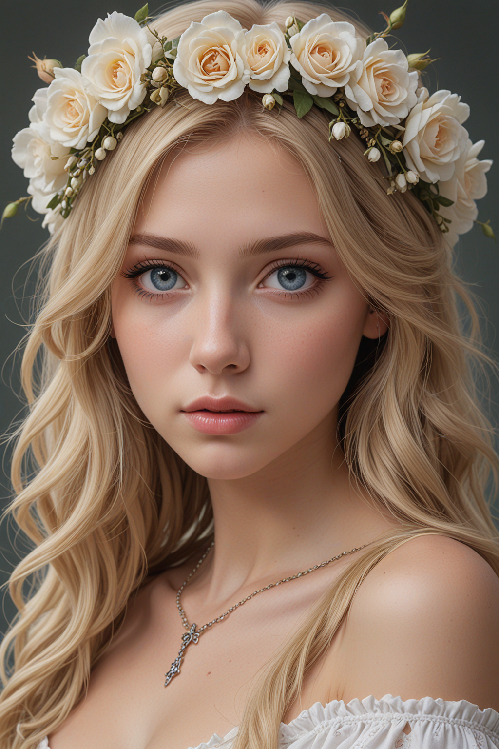 (best quality, 4k, 8k, high-res, masterpiece:1.2), ultra-detailed, (realistic, photorealistic, photo-realistic:1.37), hyper realistic, 1girl, long hair, looking at viewer, realistic proportions, blue eyes, hair ornament, dress, very long hair, flower, blonde hair, parted lips, necklace, white dress, blonde hair, lips, blurry background, realistic, head wreath, rose flower, realistic portrait
