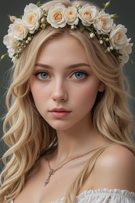 (best quality, 4k, 8k, high-res, masterpiece:1.2), ultra-detailed, (realistic, photorealistic, photo-realistic:1.37), hyper realistic, 1girl, long hair, looking at viewer, realistic proportions, blue eyes, hair ornament, dress, very long hair, flower, blonde hair, parted lips, necklace, white dress, blonde hair, lips, blurry background, realistic, head wreath, rose flower, realistic portrait