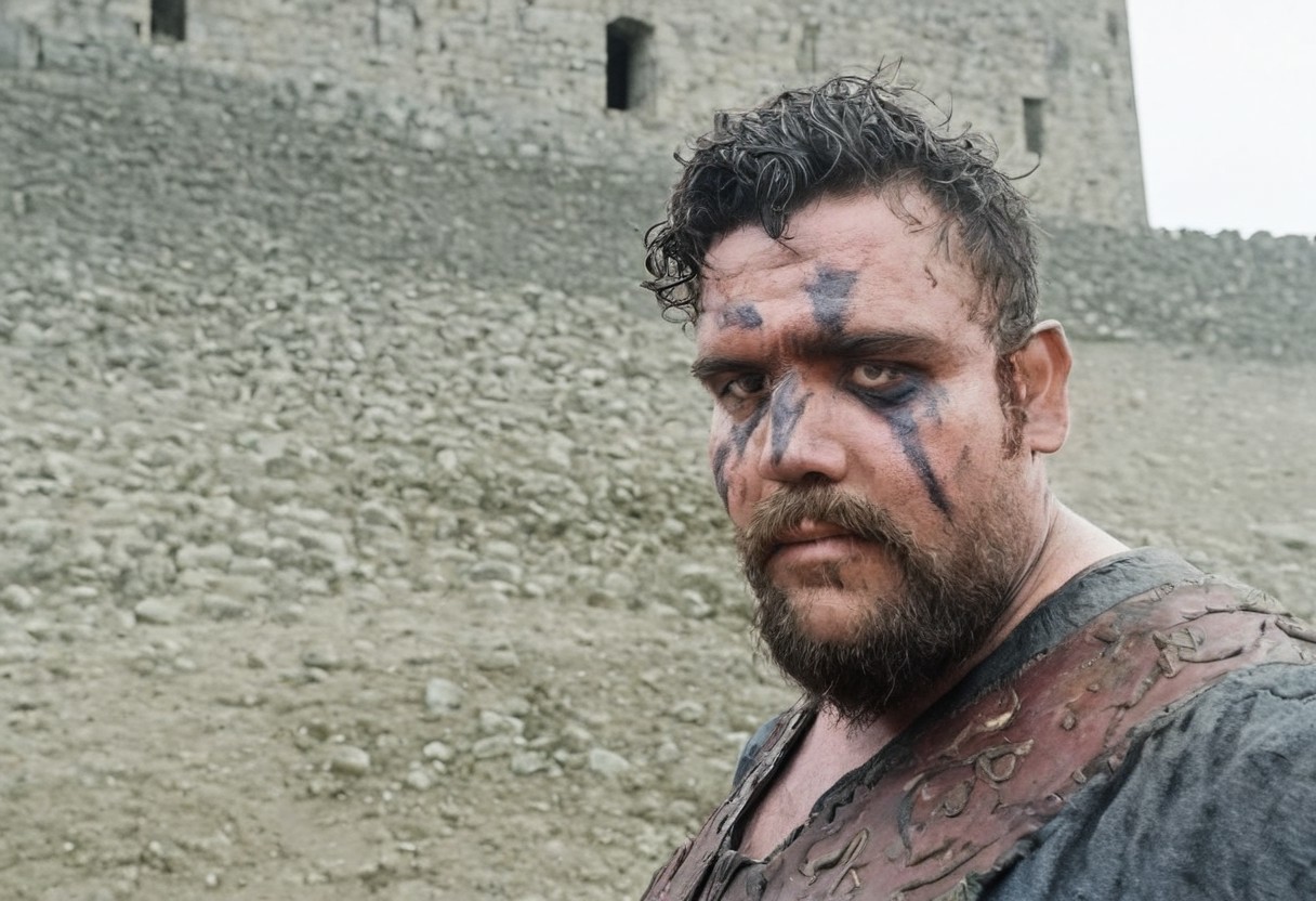 4RIEL, male viking, short beard, dusty background, in front of a castle, daylight, dramatic, face paint, 35mm film photography