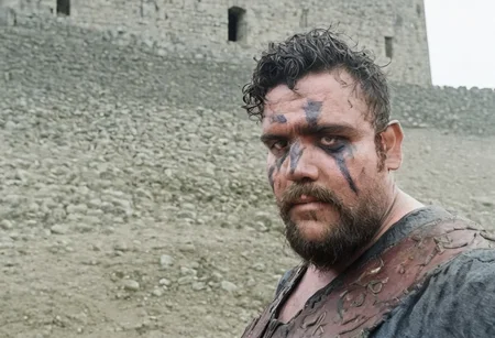 4RIEL, male viking, short beard, dusty background, in front of a castle, daylight, dramatic, face paint, 35mm film photography