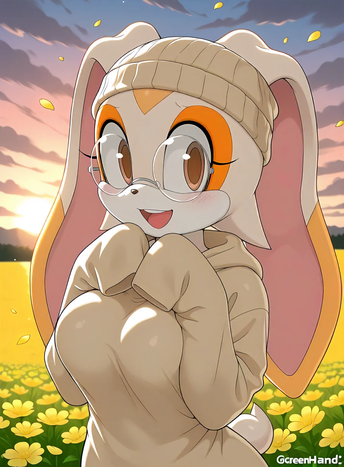 furry, masterpiece, best quality, newest, absurdres, highres, very awa, 1girl, solo, glasses, hood, flower, sleeves past wrists, open mouth, looking at viewer, sky, cloud, smile, petals, outdoors, round eyewear, teeth, sleeves past fingers, upper teeth only, upper body, blush, long sleeves, hands up, flower field, sweater, :d, beanie, cloudy sky, dusk, backlighting, haze, depth of field, bokeh, nature, horizon <lora:GreenHand_Style_epoch_7_IL:1>, greenhandstyle, large breasts,, (cream:0.0) the rabbit, anthro, furry