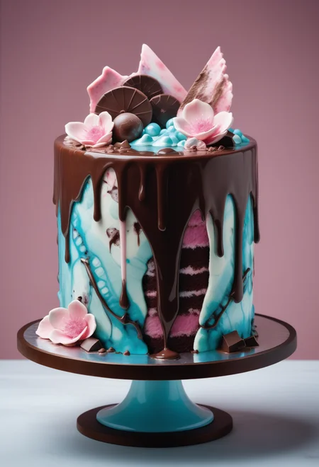 a cake with melted chocolate, pink mist, detailed by reij-lmlrmr <lora:lumilarimar-000003:0.9>