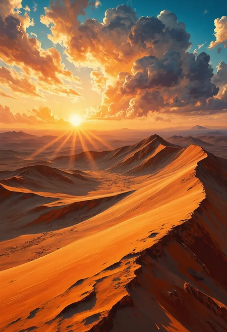 A landscape of tall dunes in a desert the stretches to the horizon. The sun is just rising above the horizon, painting the sky in vivid hues and lighting the dunes and the sand. Epic clouds catch the sunlight and a storm seems to be building in the distance. The dunes move like waves.
