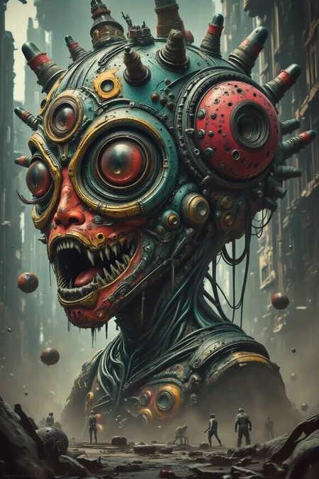 Futuristic YFG-R1gs, YFG-Sm0rg, When the fantastical ideas in a deranged child's mind emerge into the world in a vivid and terrifying technicolor display, taking on twisted and astonishing and unexpected forms, frightening to behold. All of this is set in a post apocalyptic world with blowing dust, swirling through the remains of a human city.