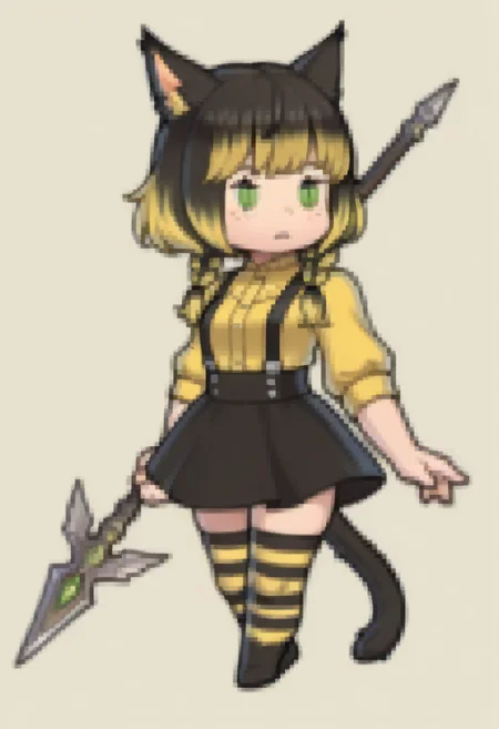 masterpiece, best quality, solo, 1girl, <lora:clamchan_illu:1> animal ears, black hair, yellow hair, multicolored hair, twin braids, green eyes, slit pupils, freckles, cat tail, <lora:Feh-Sprites-illus_Fp:1> simple background, chibi, full body, yellow shirt, suspenders, black skirt, black thighhighs, yellow thighhighs, striped thighhighs, holding spear