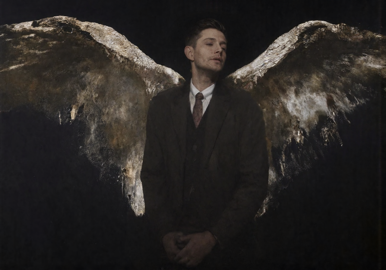 <lora:nicola_samori_00:1> baroque oil painting in the style of nicola samori of a man Michael standing alone in the dark, gaze downcast dreamily, the oil paint was scraped up from the canvas peeling off, revealing a massive crude outline of a pair of abstract angel wings behind his lower back, revealing a layer of dripping oil paint of faded bone white laced with slivers of glowing blue and gold, parted lips, three-piece suit, white shirt, patterned tie. The background is extremely dark, with rusted colored shadows so deep they nearly fade into complete blackness. combed back short hair.<lora:michael_ultrarealv4_00:0.7>