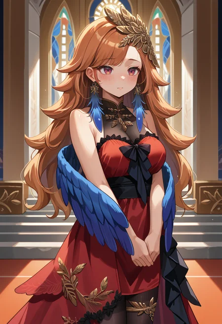 score_9, score_8_up, source_anime, KiaraDress, long hair, gold hair ornament, feather earrings, evening gown, sleeveless, red dress, see-through cleavage, high-low skirt, thighband pantyhose, gold thighlets, blue wings, v arms, ear blush, indoors, palace, <lora:ChamTakanashiKiaraV2PonyXL:1>