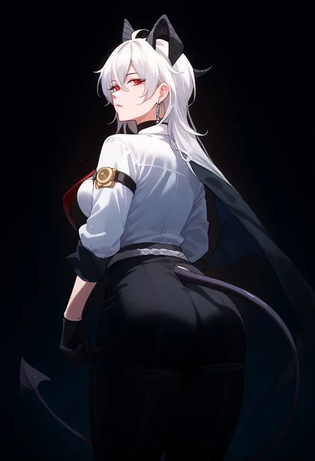 score_9, score_8_up, score_7_up, source_anime,
wrnchwuwazani, horns, hair between eyes, red eyes, long hair, large breasts, white hair, demon horns, ahoge,
demon tail,
collared shirt, white shirt, red necktie, long sleeves, black gloves, earrings, jewelry, black choker, black pants, belt, shirt tucked in, button gap
shy, rear view, Expressiveh