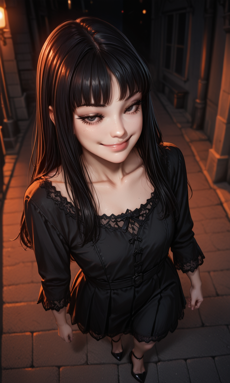 1girl, tomi3, black hair, bangs, black dress, high heels, lips, eyelashes, dramatic lighting, dark lighting, contrast lighting, walking, from above, alleyway, outdoors, smirk, smug, embedding:IllustriousQual, embedding:Smooth Quality, 1girl, tomi3, black hair, bangs, black dress, high heels, lips, eyelashes, dramatic lighting, dark lighting, contrast lighting, walking, from above, alleyway, outdoors, smirk, smug, embedding:IllustriousQual, embedding:Smooth Quality,<lora:MoriiMee_Gothic_Niji_Style_Illustrious_r1.safetensors:0.2:0.2> <lora:tomi3.safetensors:1:1>