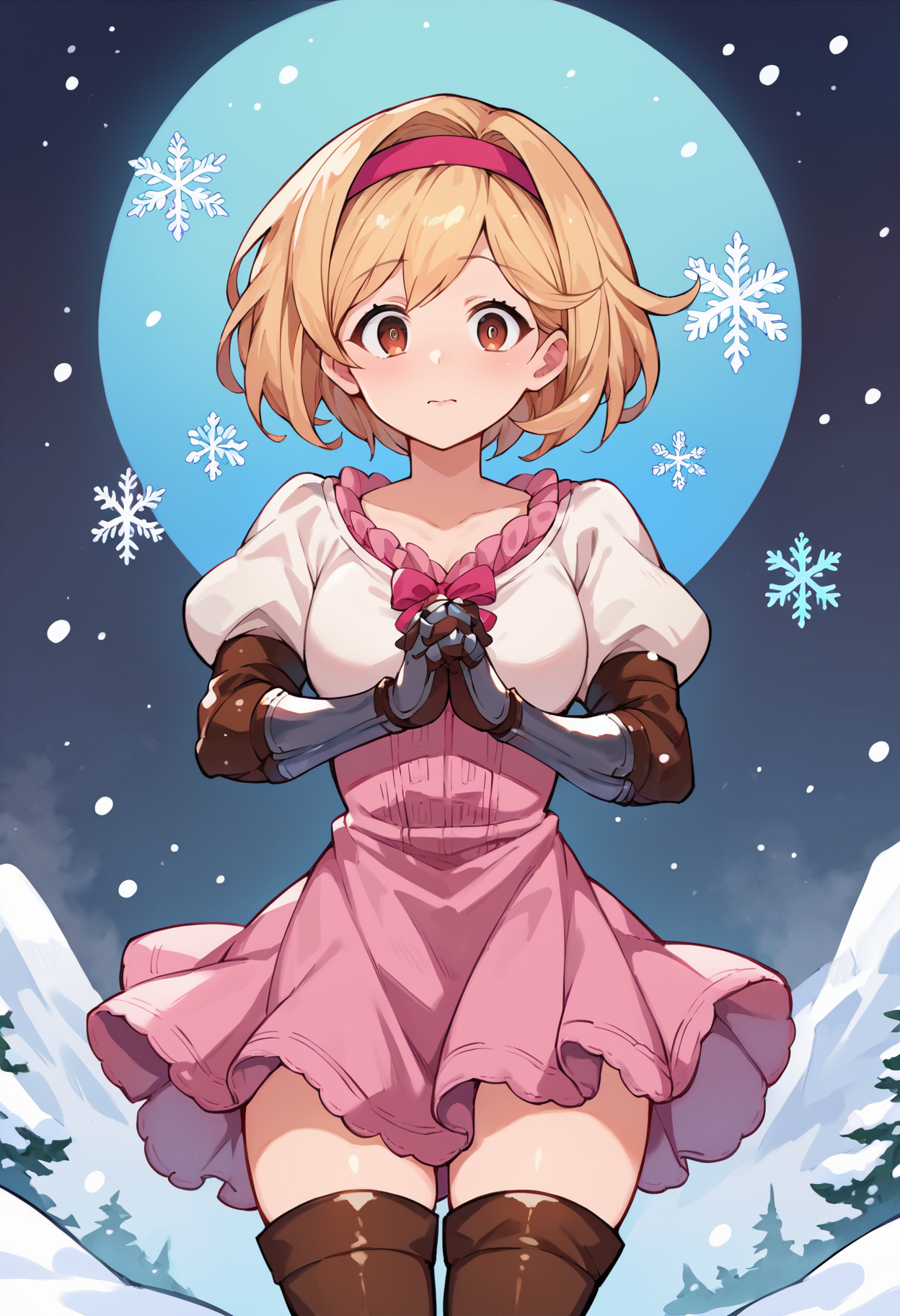score_9, score_8_up, score_7_up, uncensored, source_anime, 1girl,  <lora:spgbfDjeetaXLPony:1> djeetadef, pink hairband, dress, puffy sleeves, gauntlets, brown thighhighs, thigh boots, simple background, snow, snowflakes, snowing, closed mouth, interlocked fingers, looking at viewer, solo, surprised