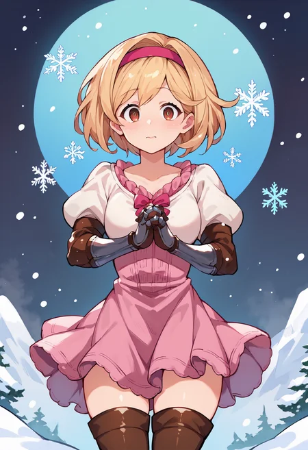 score_9, score_8_up, score_7_up, uncensored, source_anime, 1girl,  <lora:spgbfDjeetaXLPony:1> djeetadef, pink hairband, dress, puffy sleeves, gauntlets, brown thighhighs, thigh boots, simple background, snow, snowflakes, snowing, closed mouth, interlocked fingers, looking at viewer, solo, surprised