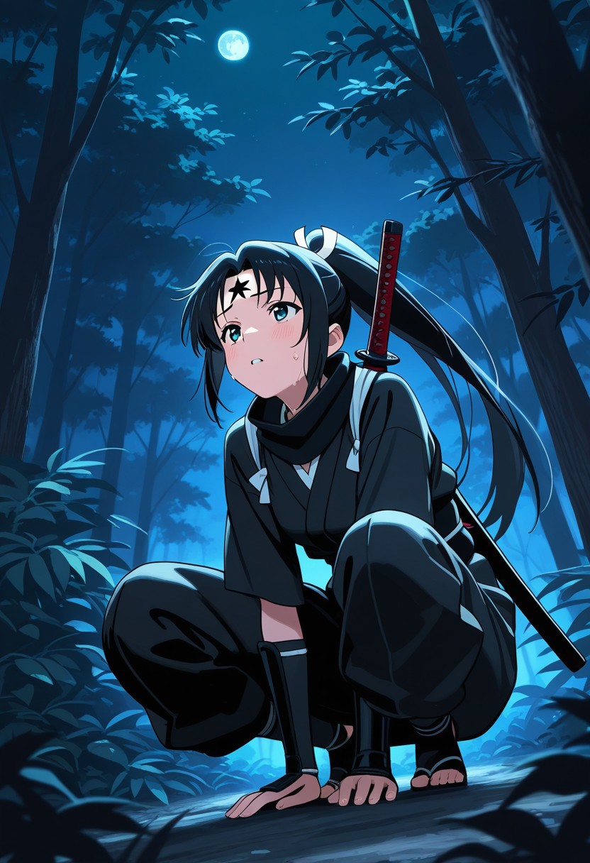 masterpiece, best quality, high quality, high details, source_anime, score_9, score_8_up, score_7_up, extremely detailed,
1girl, crouching ninja, hiding under thick tree branches, surrounded by dense jungle foliage, partially obscured face, black stealth outfit, katana on back, focused expression, sweat on forehead, silent and still, ambient jungle, kneeling, looking forward, 
Night time, moon shine, low angle, cinematic light, dark theme,
