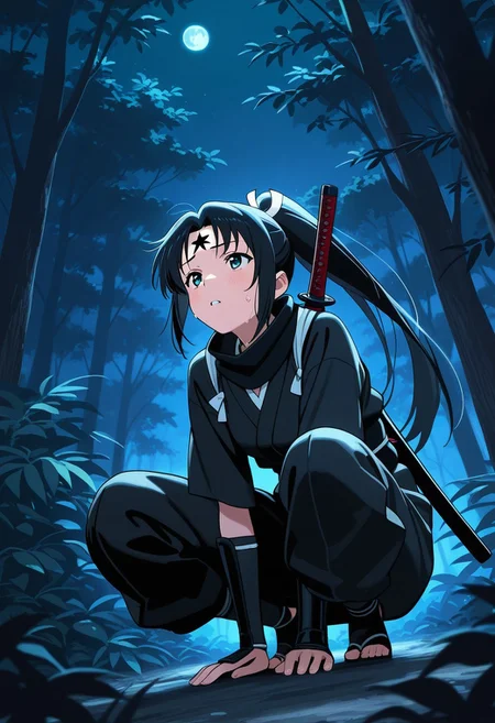 masterpiece, best quality, high quality, high details, source_anime, score_9, score_8_up, score_7_up, extremely detailed,
1girl, crouching ninja, hiding under thick tree branches, surrounded by dense jungle foliage, partially obscured face, black stealth outfit, katana on back, focused expression, sweat on forehead, silent and still, ambient jungle, kneeling, looking forward,
Night time, moon shine, low angle, cinematic light, dark theme,