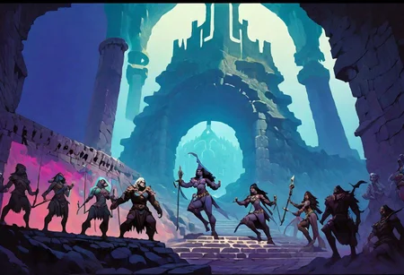 Dark vaporwave color palette, Fantasy painting, masterpiece by frank frazetta, androgynous, dungeon_party, group, muscular, fetish, fantasy masterpiece, a party of beautiful adventurers exploring an ancient dungeon, cyberpunk, vaporwave, arcane ruins